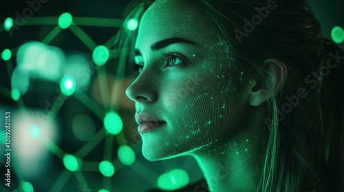 Woman's face overlaid with a digital network grid, glowing green. Futuristic technology concept.