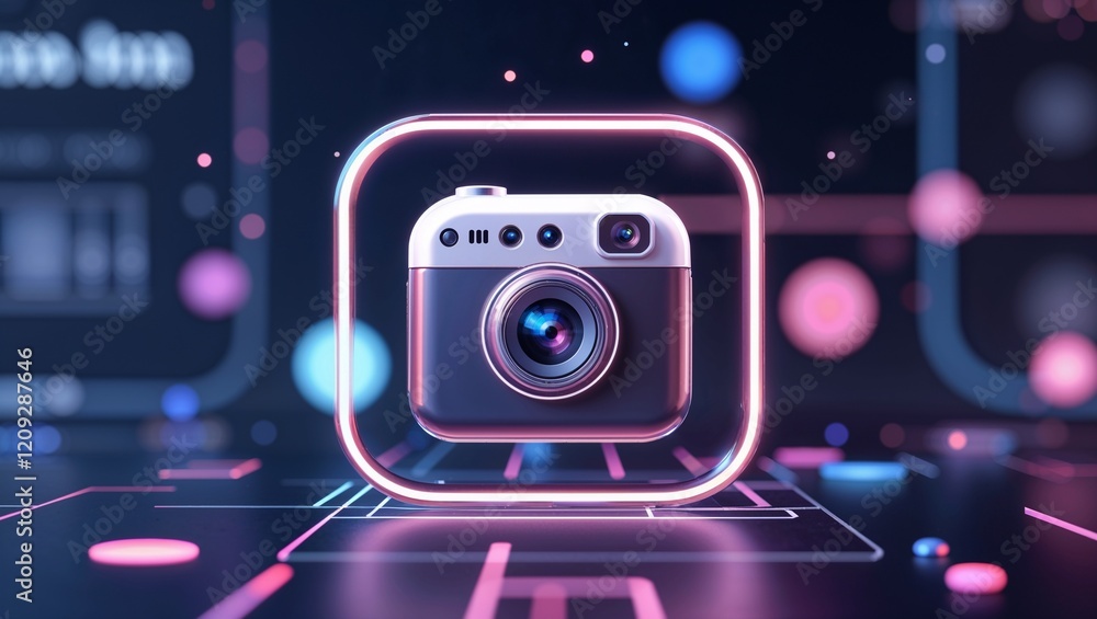 Fototapeta premium Neon Camera Icon with Futuristic Design