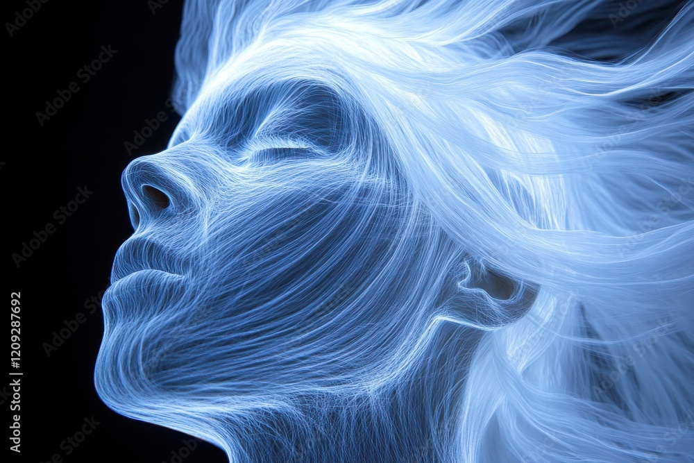 Abstract portrait of a woman, ethereal and serene, with flowing lines of light forming her features and hair. Abstract portrait of a woman, ethereal and serene, with flowing lines of light forming her features and hair.