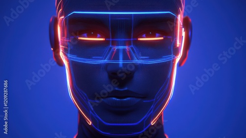 Close-up of a futuristic face with neon lines, creating a digital and technological aesthetic.  A blend of human and machine.