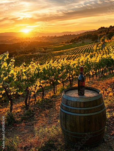 Breathtaking sunset over vineyards with wine bottle california photography natural beauty wide angle view serenity photo