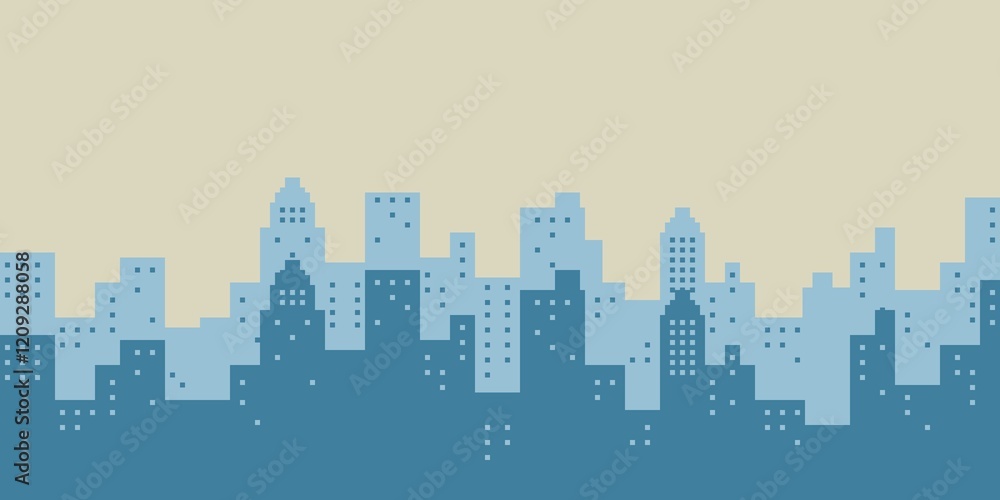 Naklejka premium Pixel art blue city with buildings, yellow sky, city scape, panoramic and clouds. Wallpaper pixel art blue city. can be used for wallpaper, template card and background. Simple and cute card.