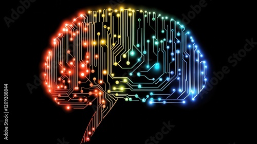 Abstract brain circuit board design.  Bright, colorful digital neural network concept.