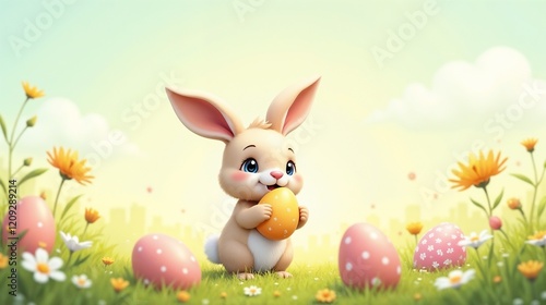 Cute cartoon rabbit holding an egg surrounded by colorful flowers and decorated eggs during a spring day