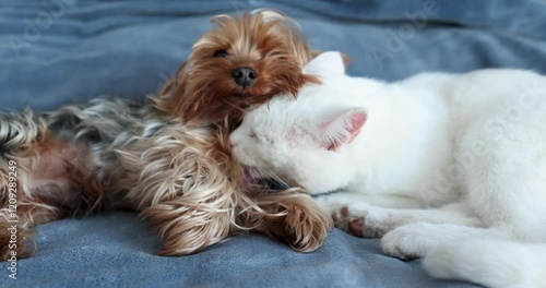 A charming dog and a delightful cat snuggle closely together, beautifully showcasing their deep friendship and warmth