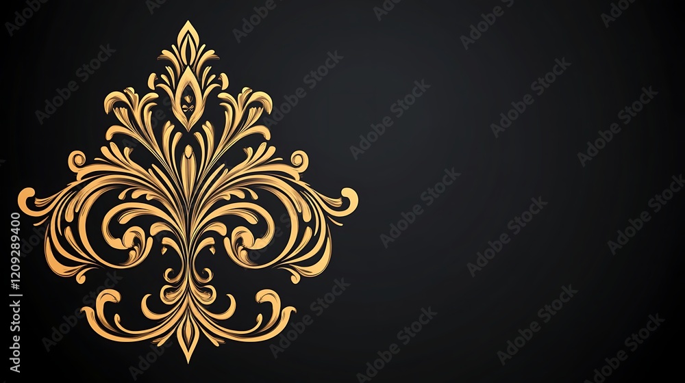 Golden Ornate Damask Design on Black Background