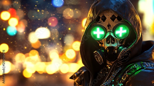 Cyberpunk Gas Mask Figure in Neon Cityscape photo