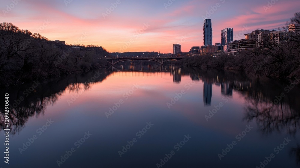 Fototapeta premium Serene urban sunset reflecting on calm water surface.