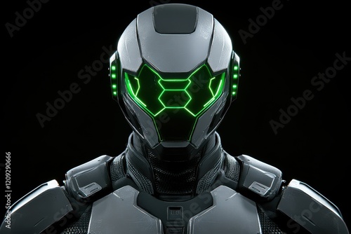 Futuristic helmet with glowing green visor. Sci-fi cyborg, advanced technology, sleek design. photo