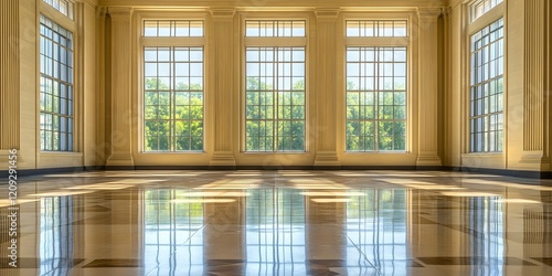 Imposing city hall chamber with large windows, symmetrical design, and polished floors. A dignified setting for public affairs.