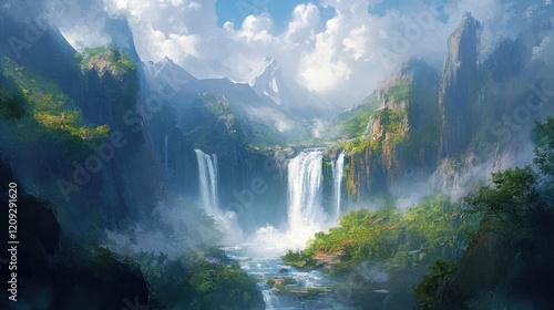 Serene Waterfall in a Majestic Mountain Landscape