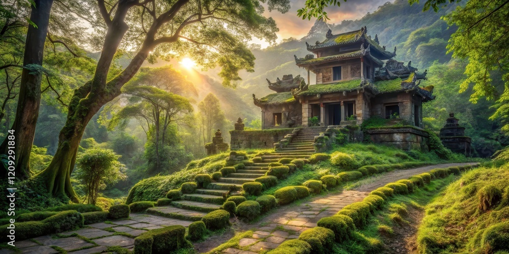 Obraz premium Serene Ancient Structure Nestled Amidst Lush Greenery, Bathed in Golden Sunlight, A Picturesque Path Leads to Tranquil Sanctuary