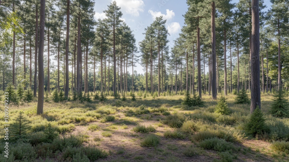 Sunlit pine forest path, nature walk, tranquil scene, summer day Sunlit pine forest path, nature walk, tranquil scene, summer day