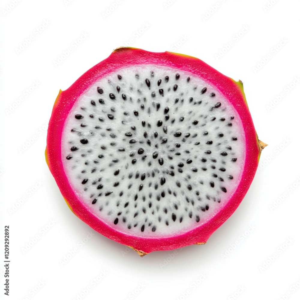 Fresh Dragon Fruit Slice with Vibrant Pink Skin and Black Seeds Fresh Dragon Fruit Slice with Vibrant Pink Skin and Black Seeds