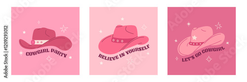 Set pink cowgirl hat with ornament. Trendy phrase print, poster. Cowboy western and wild west theme. Hand drawn vector illustration