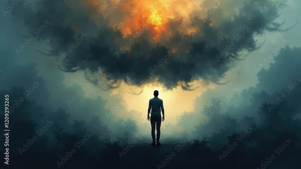 An abstract representation of stress as dark, heavy clouds swirling around a person, their silhouette barely visible beneath the oppressive weight of anxiety and worry. An abstract representation of stress as dark, heavy clouds swirling around a person, their silhouette barely visible beneath the oppressive weight of anxiety and worry.