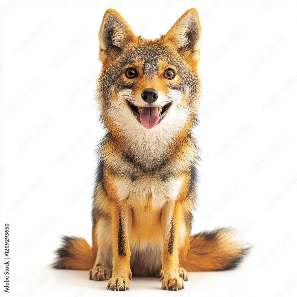 Fototapeta premium Happy Wild Canine with Vibrant Fur Poses Cheerfully Against White