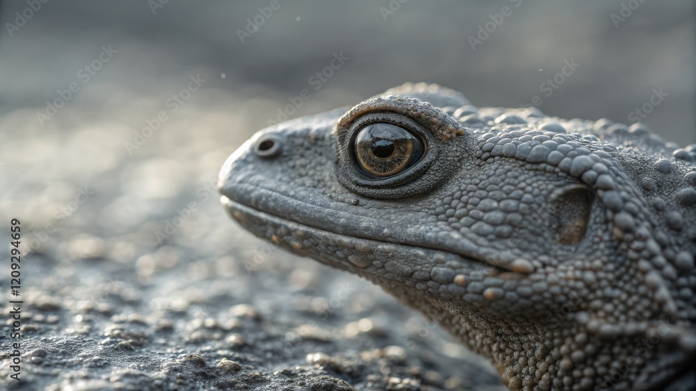Fototapeta premium Close-up Profile of a Gray Frog, Macro Photography, Textured Skin, Wildlife, Amphibian Frog, Macro Photography