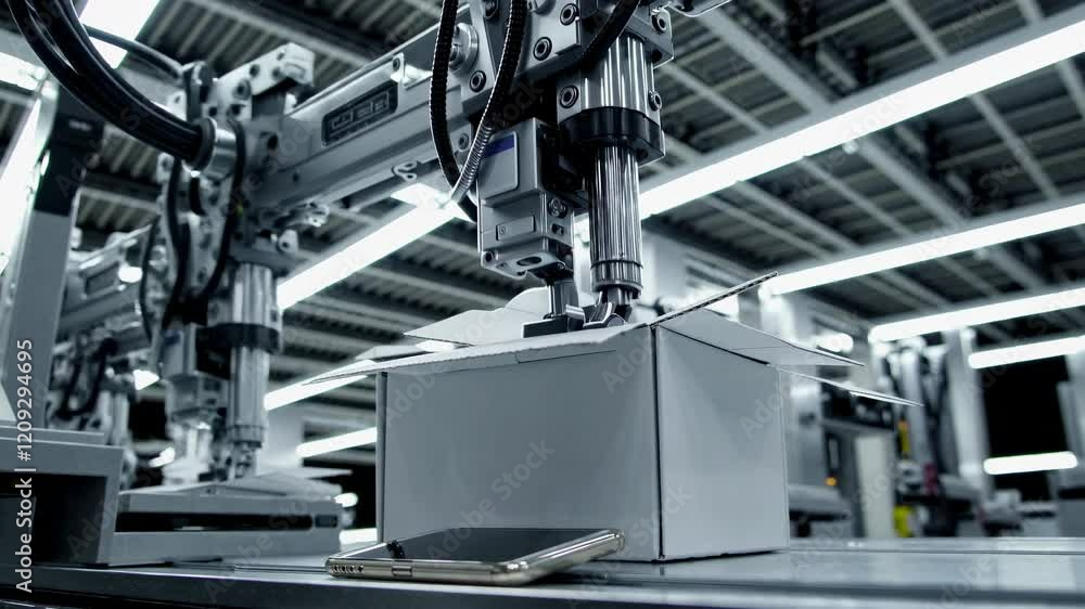 Advanced robotic arms automate packaging process in modern manufacturing facility Advanced robotic arms automate packaging process in modern manufacturing facility