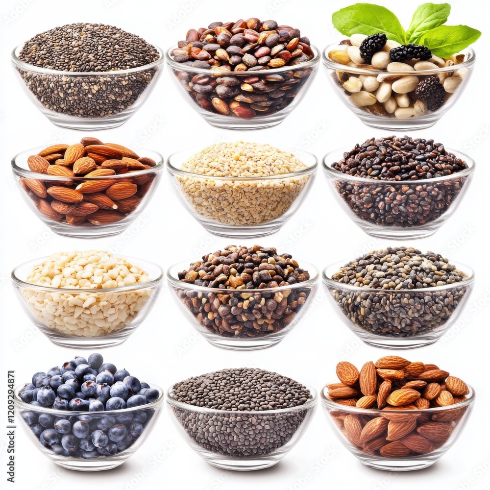 Fototapeta premium Variety of Healthy Seeds and Nuts in Clear Glass Bowls Displayed