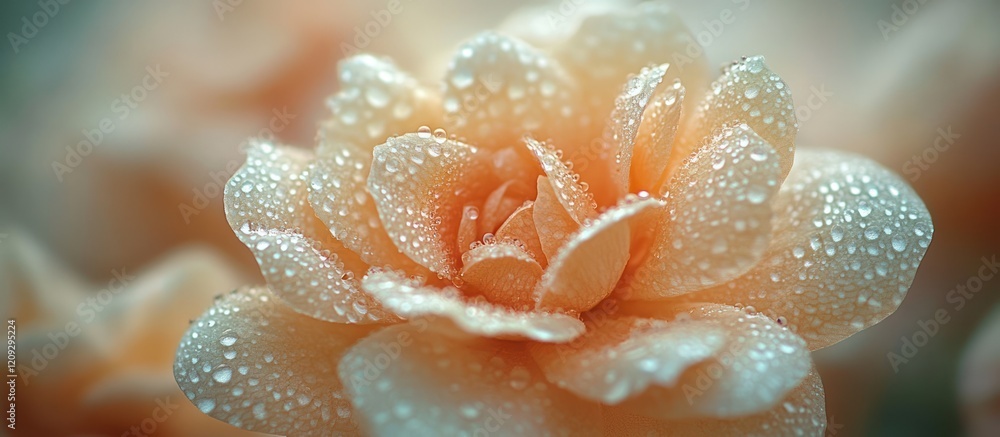 Close-up of a peach-colored flower with water droplets on its petals. Close-up of a peach-colored flower with water droplets on its petals.