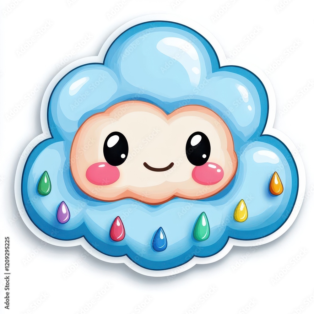 Fototapeta premium Cute cartoon cloud with smiling face and raindrops.