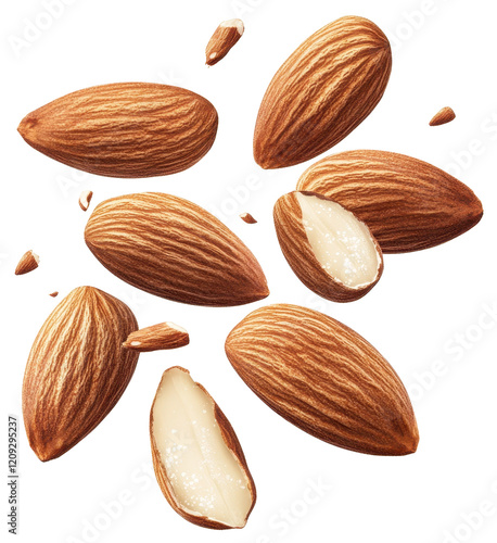 flying almond nuts isolated on transparent background