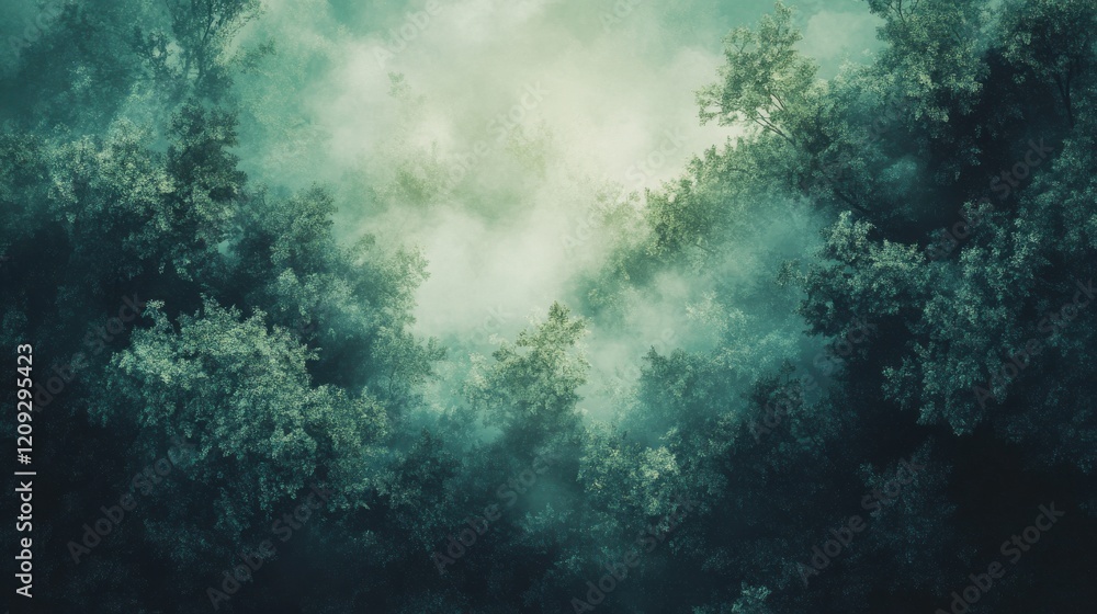 Obraz premium A misty forest scene with dense foliage and ethereal light illuminating the atmosphere.