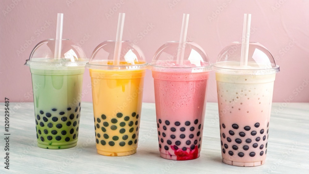 Four Colorful Boba Teas in Plastic Cups, Close-up, Food Photography, Beverage Concept. Boba, Bubble Tea Four Colorful Boba Teas in Plastic Cups, Close-up, Food Photography, Beverage Concept. Boba, Bubble Tea