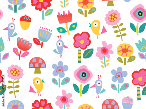 CUT OUT FLORAL AND BIRDY SEAMLESS PATTERN ALL OVER PRINT VECTOR ILLUSTRATION