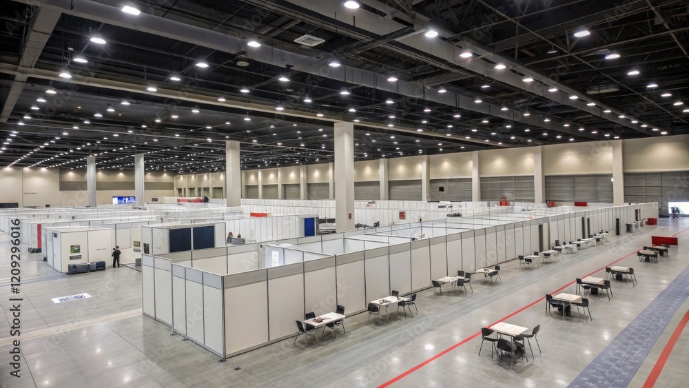High-Angle View of Temporary Hospital Rooms in Convention Center, Partition Walls, Tables, Chairs, Lighting, Healthcare Facility, COVID-19. COVID-19