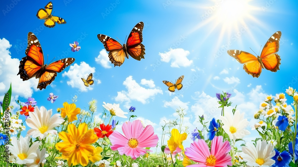 Obraz premium A vibrant garden in full bloom, with a variety of colorful flowers, buzzing bees, and delicate butterflies fluttering around, all set against a bright blue sky, capturing the essence of spring.