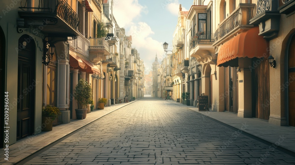 Fototapeta premium A picturesque empty street in a charming historic town bathed in warm sunlight.