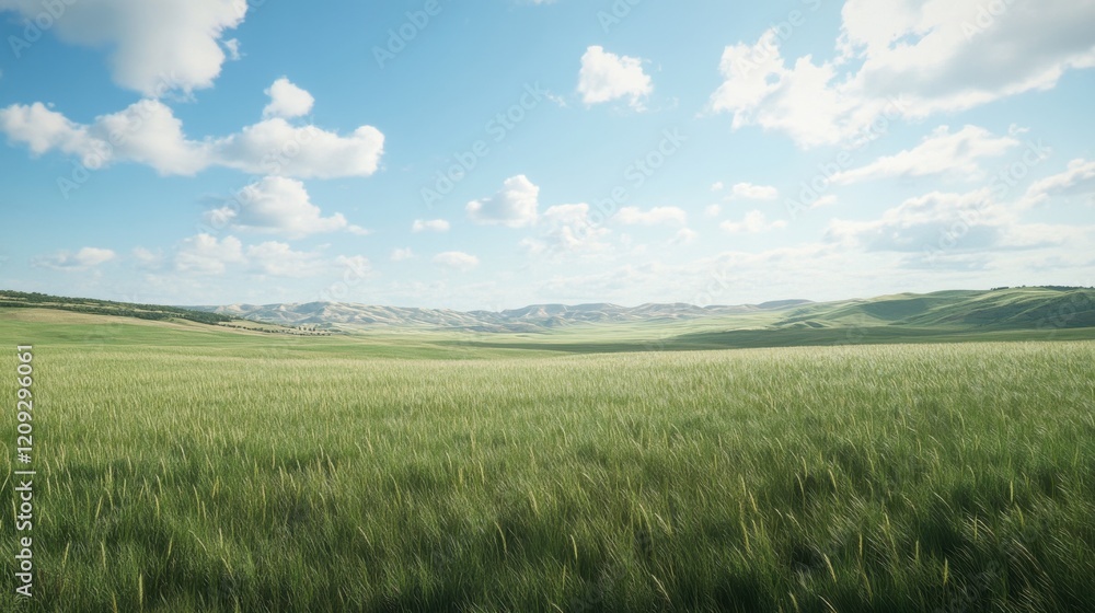 A picturesque landscape featuring lush green fields under a bright blue sky.