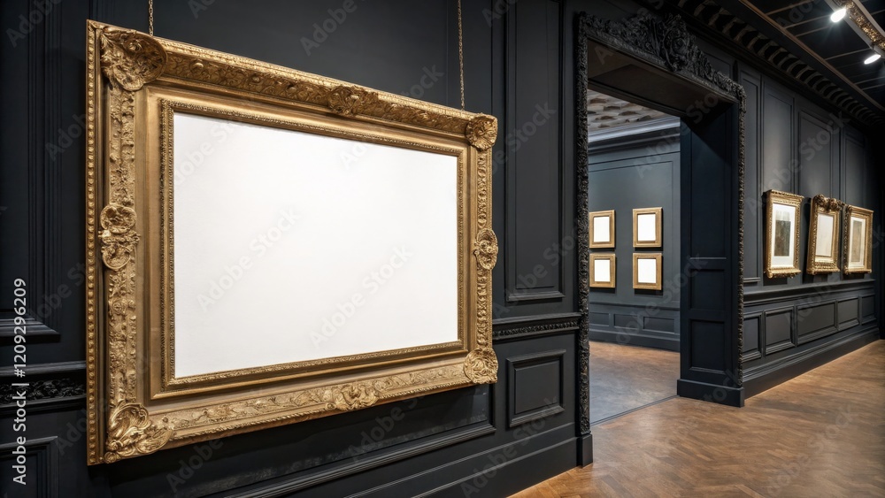 Large Ornate Gold Frame Mockup Blank Canvas in Dark Gallery, Art Gallery, Interior Design Art Gallery, Mockup