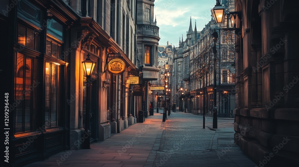 Fototapeta premium A quiet street scene showcasing vintage architecture illuminated at dusk.