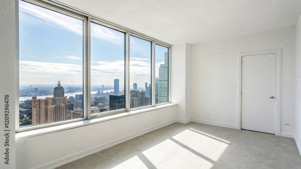 Fototapeta premium Minimalist Room with City View Panoramic Window, White Walls, Modern Design, Sunlit Floor Cityscape, Interior Design