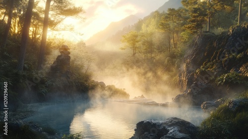 Sunrise Mist Over Tranquil River in Lush Forest