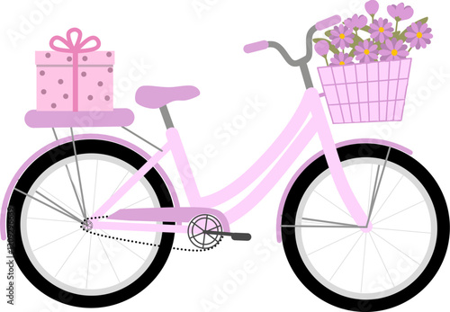 Hand drawn bicycle, romantic bike with flowers and giftbox for valentine day