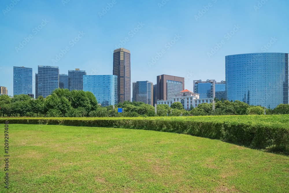 Modern urban architecture and large lawns at Qiushui Square in Nanchang, Jiangxi Province, China on April 1, 2024 Modern urban architecture and large lawns at Qiushui Square in Nanchang, Jiangxi Province, China on April 1, 2024