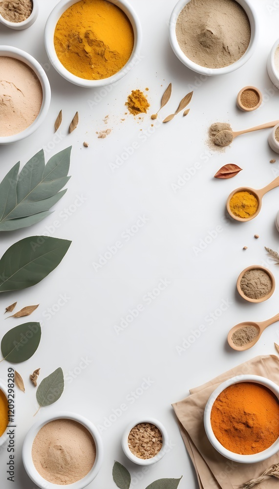Natural Spices and Herbs in White Bowls, a Beautiful Arrangement Natural Spices and Herbs in White Bowls, a Beautiful Arrangement