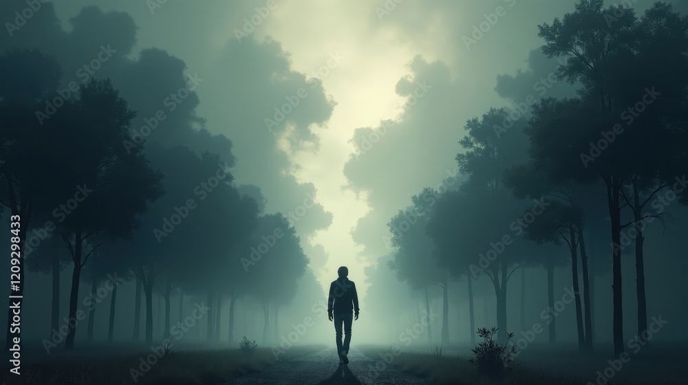 Fototapeta premium A figure walking through a dark, stormy forest, their path blocked by heavy, swirling clouds, symbolizing the mental fog and uncertainty caused by stress.
