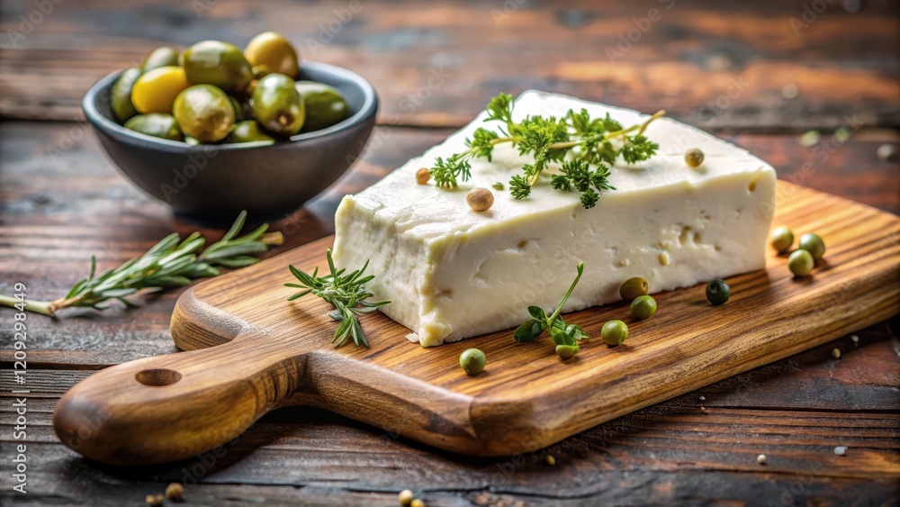 Feta cheese wedge on a wooden cutting board with fresh thyme sprigs and pitted green olives , feta cheese Feta cheese wedge on a wooden cutting board with fresh thyme sprigs and pitted green olives , feta cheese