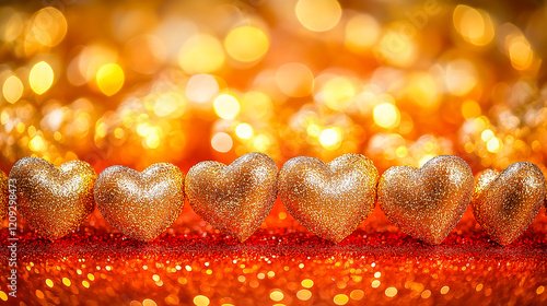 Red Background with lots of small Golden Blurred Bokeh Effect Hearts.