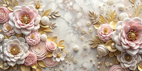 Elegant Pink, Gold & White 3D Floral Wallpaper Design on Marble Background