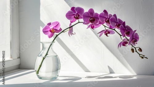 Sunlit Pink Orchid in Glass Vase, Minimalist Composition, Flower Photography, Still Life Orchid, Floral photography