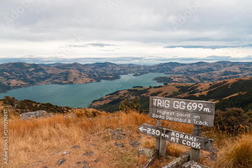 Obraz na płótnie Views from Misty Peaks Reserve on the Banks Track on Banks Peninsula during a multi-day hike in early summer (Akaroa, South Island, New Zealand) w salonie