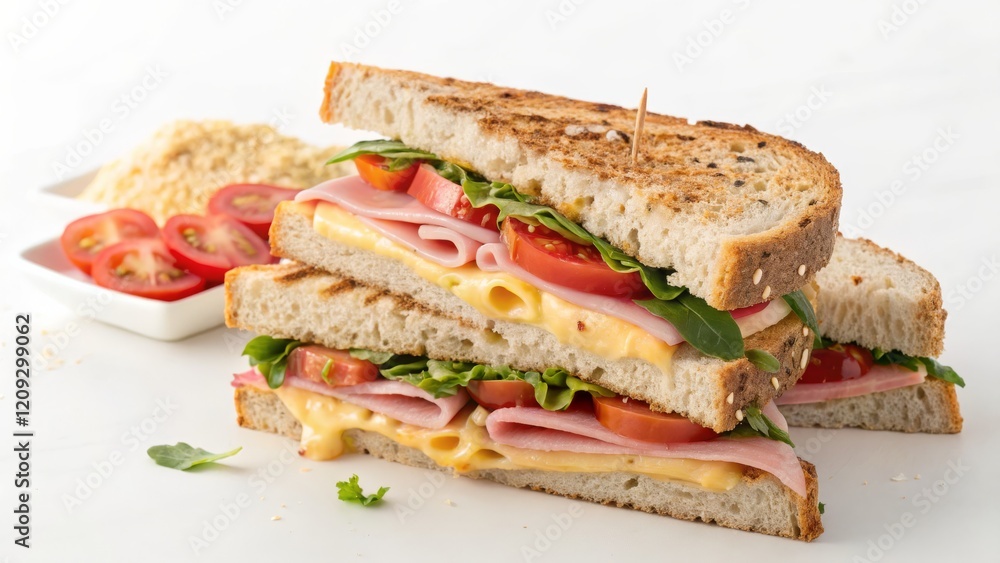 Triple-Decker Ham and Cheese Sandwich Toasted Bread, Melted Cheese, Tomatoes, and Greens, food photography, delicious, recipe Sandwich Triple-Decker Ham and Cheese Sandwich Toasted Bread, Melted Cheese, Tomatoes, and Greens, food photography, delicious, recipe Sandwich