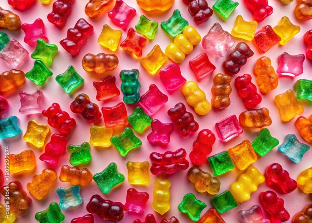 Aerial View of Colorful Gummy Bears Scattered on Pink Background Aerial View of Colorful Gummy Bears Scattered on Pink Background