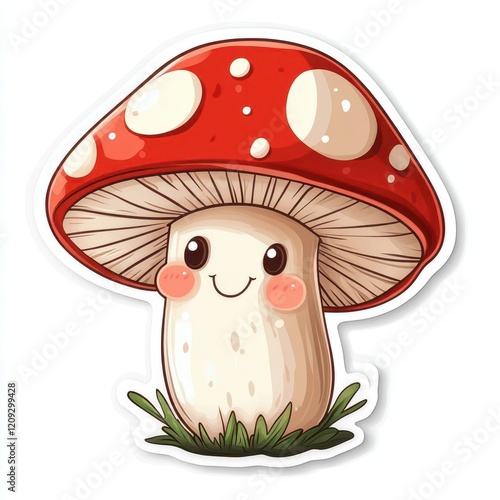 Cute cartoon illustration of a red mushroom with white spots and a smiling face photo